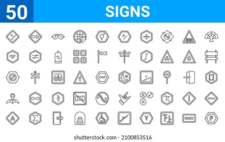conjunto de 50 iconos web de signos. contorno de iconos de línea delgada como estacionamiento hexagonal, escaleras ascendente, letra a, mapas, prohibido, detenerse hexagonal, mantener la derecha, media luna islamica con estrella pequeña. ilustración vectorial