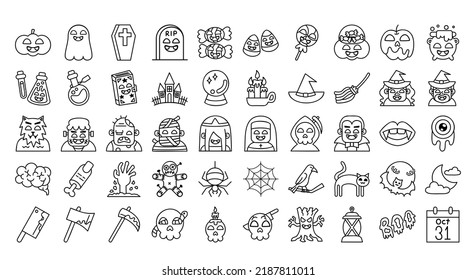 Conjunto de 50 simples iconos de línea vectorial relacionados con Halloween, estilo de contorno. Contiene íconos como calabaza, bola mágica, zombie, bruja, cráneo y más sobre un fondo blanco.