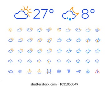Set of 50 simple modern thin line weather icons for web or mobile app. Clean sharp outline flat design with day and night. Easy to change width of lines. Blue color style on white backround.