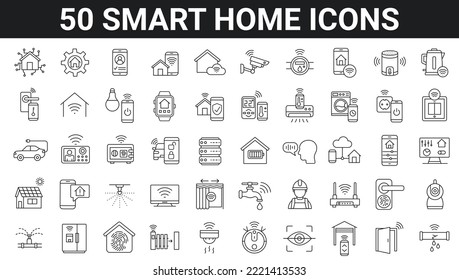 Set of 50 smart home outline icons. Remote control, domestic life, security system, home automation, wireless technology. Editable stroke