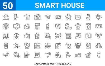 set of 50 smart house web icons. outline thin line icons such as lightbulb,meter,leak,mobility,smart city,fire alarm,locking,access. vector illustration