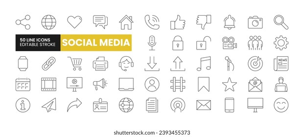 Conjunto de 50 iconos de línea y medios sociales. Iconos de esquema de medios sociales con colección de trazo editable. Incluye llamadas, ahorras, me gusta, avatar, micrófono y más.