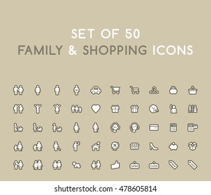 Set of 50 Solid Family and Shopping Icons. Isolated Vector Elements.