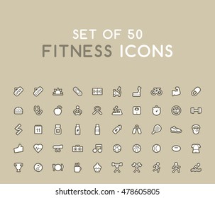 Set of 50 Solid Fitness Icons. Isolated Vector Elements.
