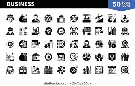Set of 50 solid icons related to Business. Containing bank, success, contact, analysis, advertising, internet, profit, tax and more. Pictograms for web, mobile app and infographics