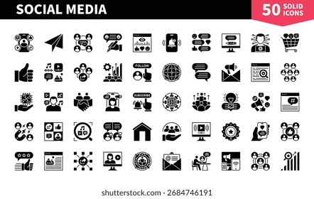 Conjunto de 50 iconos sólidos relacionados con las redes sociales. Conteniendo contacto, red, negocio, Web, ciberespacio, notificación, promoción, correo y más. Pictogramas para Web, App móvil e infografía
