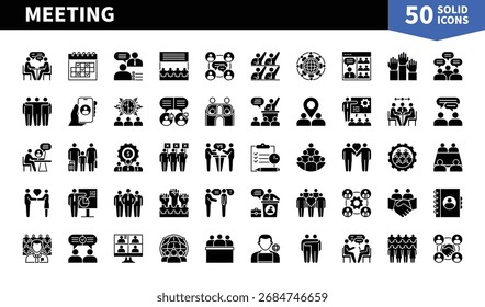 Set of 50 solid icons related to Meeting. Containing discussion, training, group, talking, event, exhibition, friendship, speech and more. Pictograms for web, mobile app and infographics