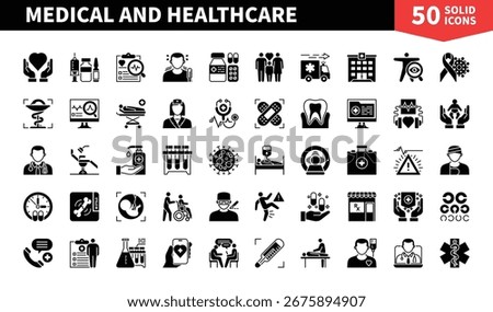 Set of 50 solid icons related to Medical and Healthcare. Containing health care, diagnosis, hospital, clinic, medicare, doctor, nurse and more. Pictograms for web, mobile app and infographics