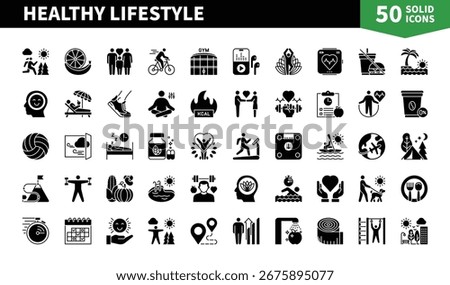 Set of 50 solid icons related to Healthy Lifestyle. Containing exercise, growth, gym, health, fruit, meditation, nutrition and more. Pictograms for web, mobile app and infographics
