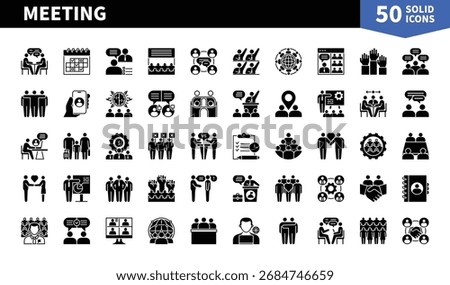 Set of 50 solid icons related to Meeting. Containing discussion, training, group, talking, event, exhibition, friendship, speech and more. Pictograms for web, mobile app and infographics