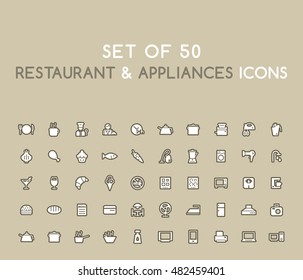 Set of 50 Solid Restaurant and Appliances Icons. Isolated Vector Elements.