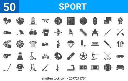 set of 50 sport web icons. filled glyph icons such as aerobics,table tennis,hockey,whistle,marathon,trail running,baseball glove,parachute. vector illustration