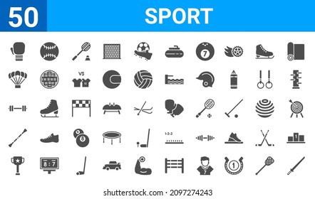 set of 50 sport web icons. filled glyph icons such as aikido,kickboxing,trophy,baton twirling,weightlifter,paragliding,baseball,boxing gloves. vector illustration