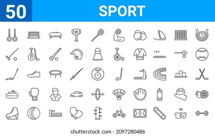 set of 50 sport web icons. outline thin line icons such as weightlifter,artistic gymnastics,figure skating,curling,hockey,horseball,tennis court,rinkball. vector illustration