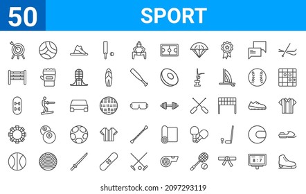 set of 50 sport web icons. outline thin line icons such as ice skating,archery,basketball,dart board,diving sport,equestrianism,volleyball,bodybuilding. vector illustration