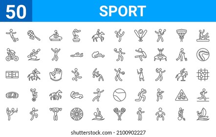 set of 50 sport web icons. outline thin line icons such as sailboat sport,figure skating,baton twirling,sport goggles,tennis court,cycling,shuttlecock,discus throw. vector illustration