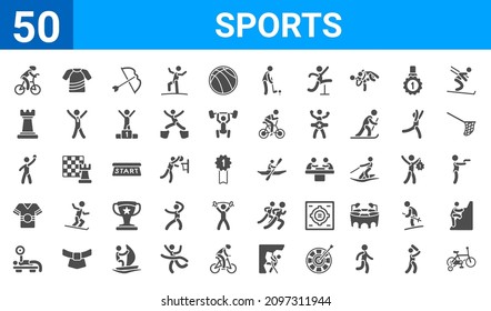 set of 50 sports web icons. filled glyph icons such as bicycle for children,bicycle rider,work bench,american football player black t shirt cloth,amonestation,tower from a chess,short sleeves,man in