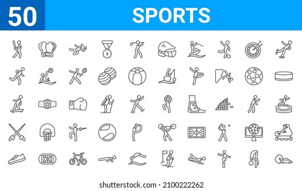 set of 50 sports web icons. outline thin line icons such as drift car,baseball player with bat,flying shoes,saber,boy with skatingboard,man sprinting,two boxing gloves,dancer motion. vector