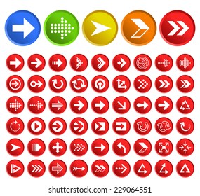 Set of 50 Standard Quality Arrows Icons with Circular Colored Buttons on White Background.