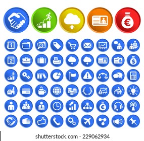 Set of 50 Standard Quality Business Icons with Circular Colored Buttons on White Background.