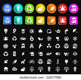 Set of 50 Standard Quality Ecology Icons with Square and Circular Colored Buttons on Black Background.