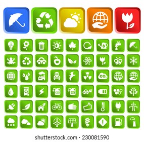 Set of 50 Standard Quality Ecology Icons with Square Colored Buttons on White Background.