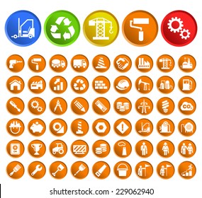 Set of 50 Standard Quality Industrial Icons with Circular Colored Buttons on White Background.