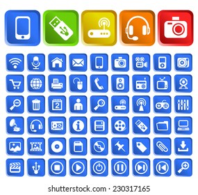 Set of 50 Standard Quality Multimedia Icons with Square Colored Buttons on White Background.