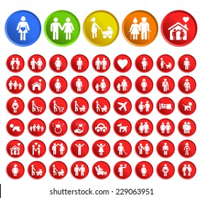 Set of 50 Standard Quality People Icons with Circular Colored Buttons on White Background.