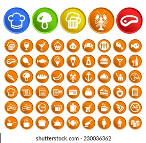 Set of 50 Standard Quality Restaurant Icons with Circular Colored Buttons on White Background.