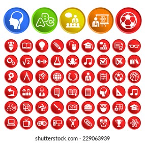 Set of 50 Standard Quality School Icons with Circular Colored Buttons on White Background.