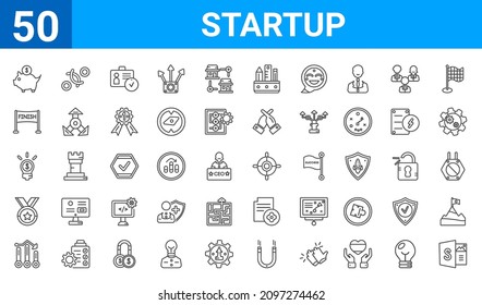 set of 50 startup web icons. outline thin line icons such as sway,piggybank,grow,gold medal,entrepreneur,finish line,attitude,purpose. vector illustration