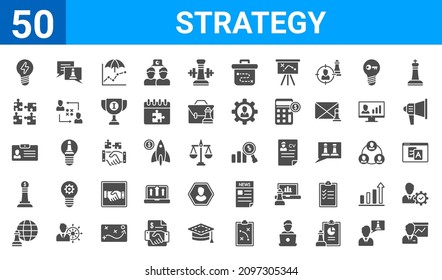 set of 50 strategy web icons. filled glyph icons such as businessman?,creative?,?,investment?,visitor?,collaboration,speech?,forecast. vector illustration