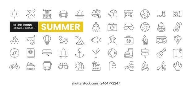 Set of 50 Summer or Summer Vacation line icons set. Summer outline icons with editable stroke collection. Includes Camera, Backpack, Airport, Bonefire, Fishing, and More.