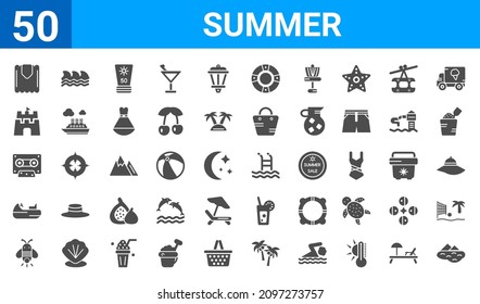 set of 50 summer web icons. filled glyph icons such as lake,air mattress,firefly,sea scooter,caste,sand castle,ocean,swimming pool. vector illustration