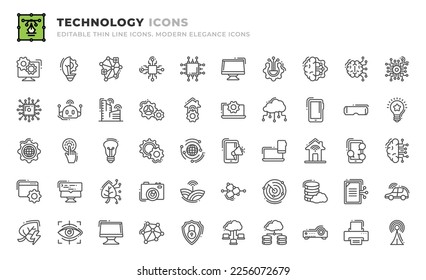 Set of 50 Technology icons. Thin line outline icons such as database, smart contract, self driving, green energy, eye tracking, computer, networking, security system, cloud computing, cloud service