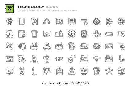 Set of 50 Technology icons. Thin line outline icons such as 5g, coding, voice recognition, software, spotlight, email, antenna, robotic leg, production, timer, hologram, stock market, app tracking