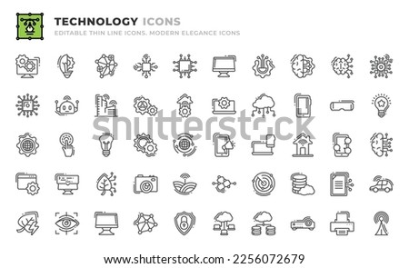 Set of 50 Technology icons. Thin line outline icons such as database, smart contract, self driving, green energy, eye tracking, computer, networking, security system, cloud computing, cloud service