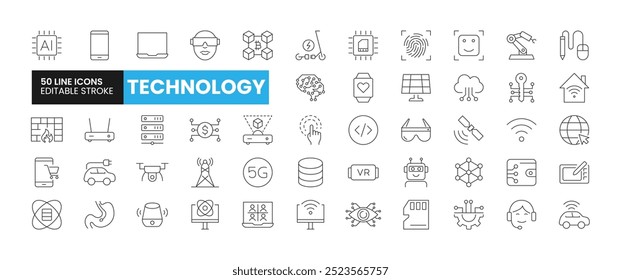 Conjunto de 50 conjunto de ícones de linha Tecnologia. Ícones de estrutura de tópicos de tecnologia com coleção de traçados editável. Inclui inteligência artificial, RV, robôs, ciência de dados, VE e muito mais.