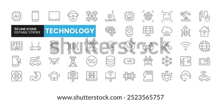 Set of 50 Technology line icons set. Technology outline icons with editable stroke collection. Includes Artificial Intelligence, VR, Robots, Data Science, EV, and More.