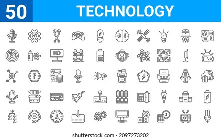 set of 50 technology web icons. outline thin line icons such as ecologic bulb,retro microphone,analysis process,big old microphone,interaction,radar sweep,ideas,file storage. vector illustration