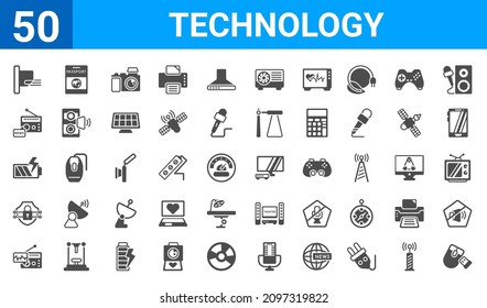 conjunto de 50 iconos web de tecnología. iconos de glifos rellenos como ratón inalámbrico, aire recto, radio y mensajes, escudos, nivel de batería, periodismo de radio, pasaporte internacional, tv y satélite. vector