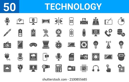 set of 50 technology web icons. filled glyph icons such as electric socket on fire,basic microphone,telephone connector,basic plug,camera flash,digital pen,services,open laptop. vector illustration