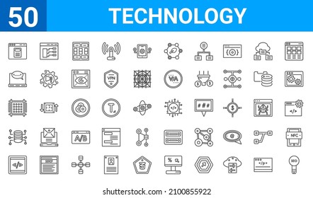 set of 50 technology web icons. outline thin line icons such as search engine optimization,declarations,front end,data architecture,pixels per inch,opening tag and closing tags,type