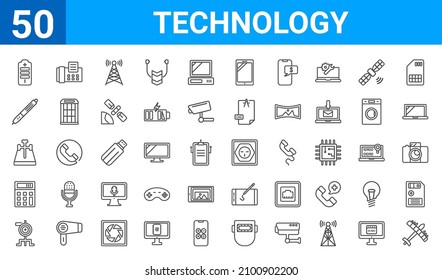 set of 50 technology web icons. outline thin line icons such as solar plane,small battery with medium charge,pitching hine,basic calculator,cross stuck in ground,digital pen,telephone with fax,round