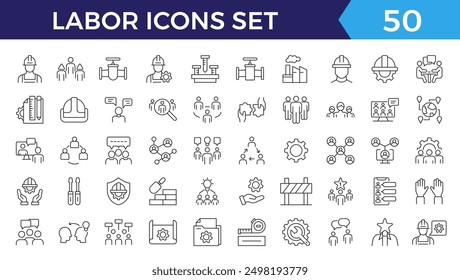 Set von 50 dünnen Linien Icons verwandten Team, Teamarbeit, Mitarbeiter, Zusammenarbeit. Lineare Business einfache Symbolsammlung. Vektorgrafik.