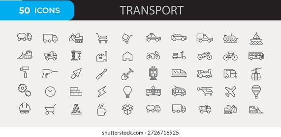 Conjunto de 50 iconos de línea delgada con vehículos, maquinaria pesada, herramientas de construcción y símbolos industriales.