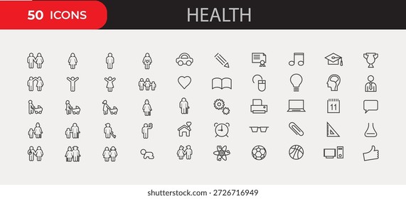 Set of 50 thin line icons featuring family relationships, education supplies, and general healthcare symbols.