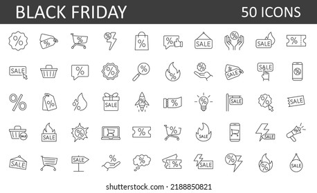 Set of 50 thin line vector icons related to discount, sale, black friday, promotion. 