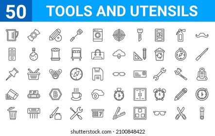 set of 50 tools and utensils web icons. outline thin line icons such as perdible pin,pitcher with levels,trash can open,chote box,tack save button,mercury thermometer degrees,candies,rectangular